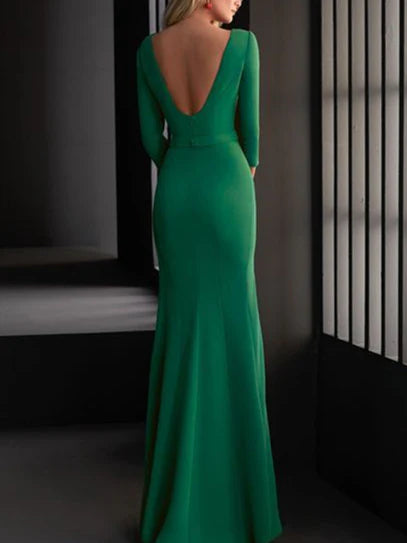 Full view of a sophisticated sheath V-neck formal gown.