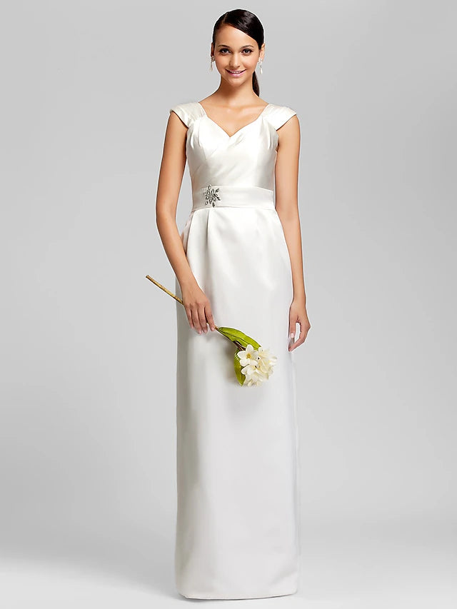 Elegant satin sheath bridesmaid dress with V-neck and floor length.