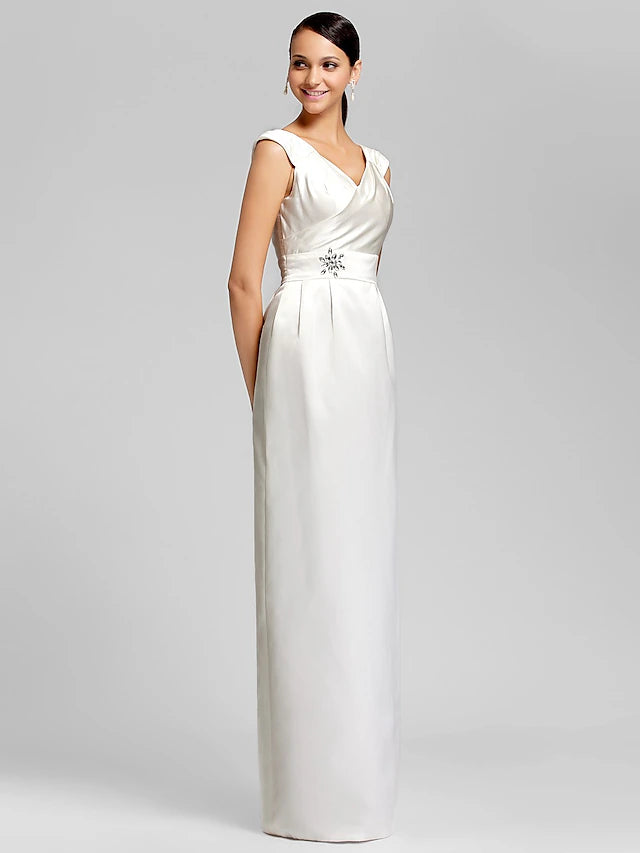Back view of a satin sheath bridesmaid dress.