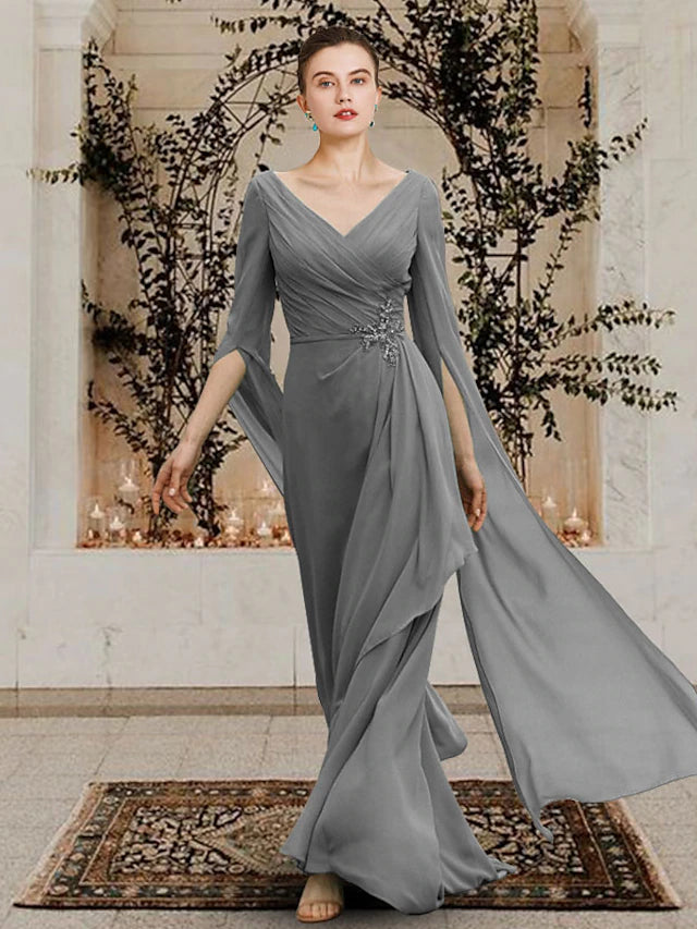 Elegant sheath V-neck half sleeve Mother of the Bride dress with beading.