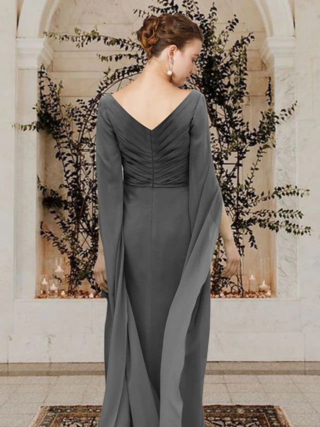 Side view of the elegant sheath Mother of the Bride dress, showing side-draped detail.