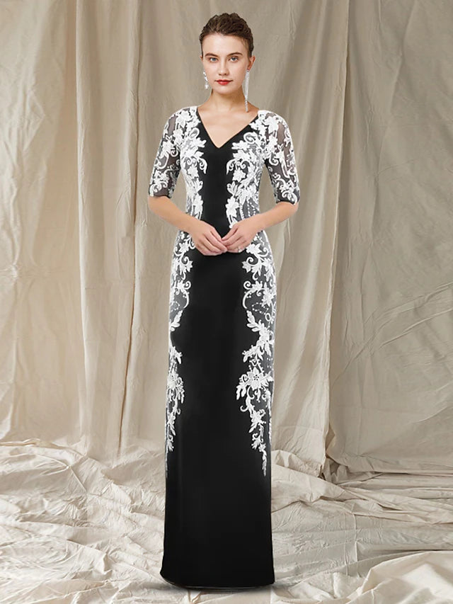 Elegant sheath Mother of the Bride dress with V-neck, half sleeves, and lace appliques.
