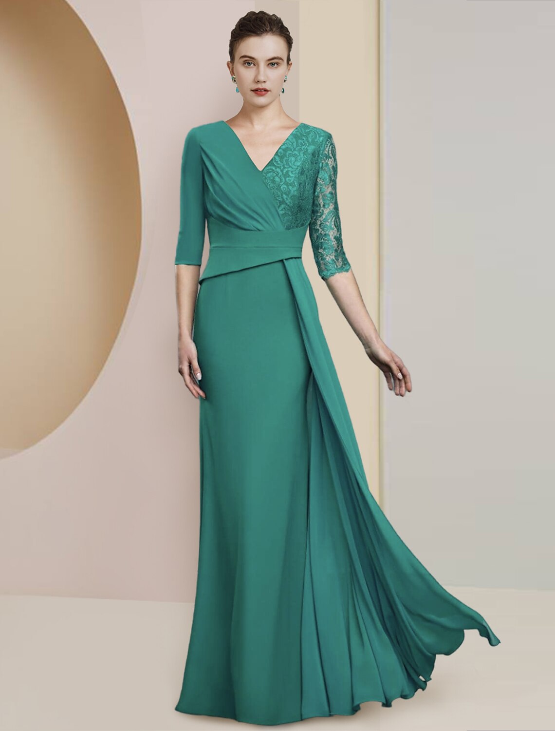 Elegant V-neck sheath mother of the bride dress with half sleeves and ruching.