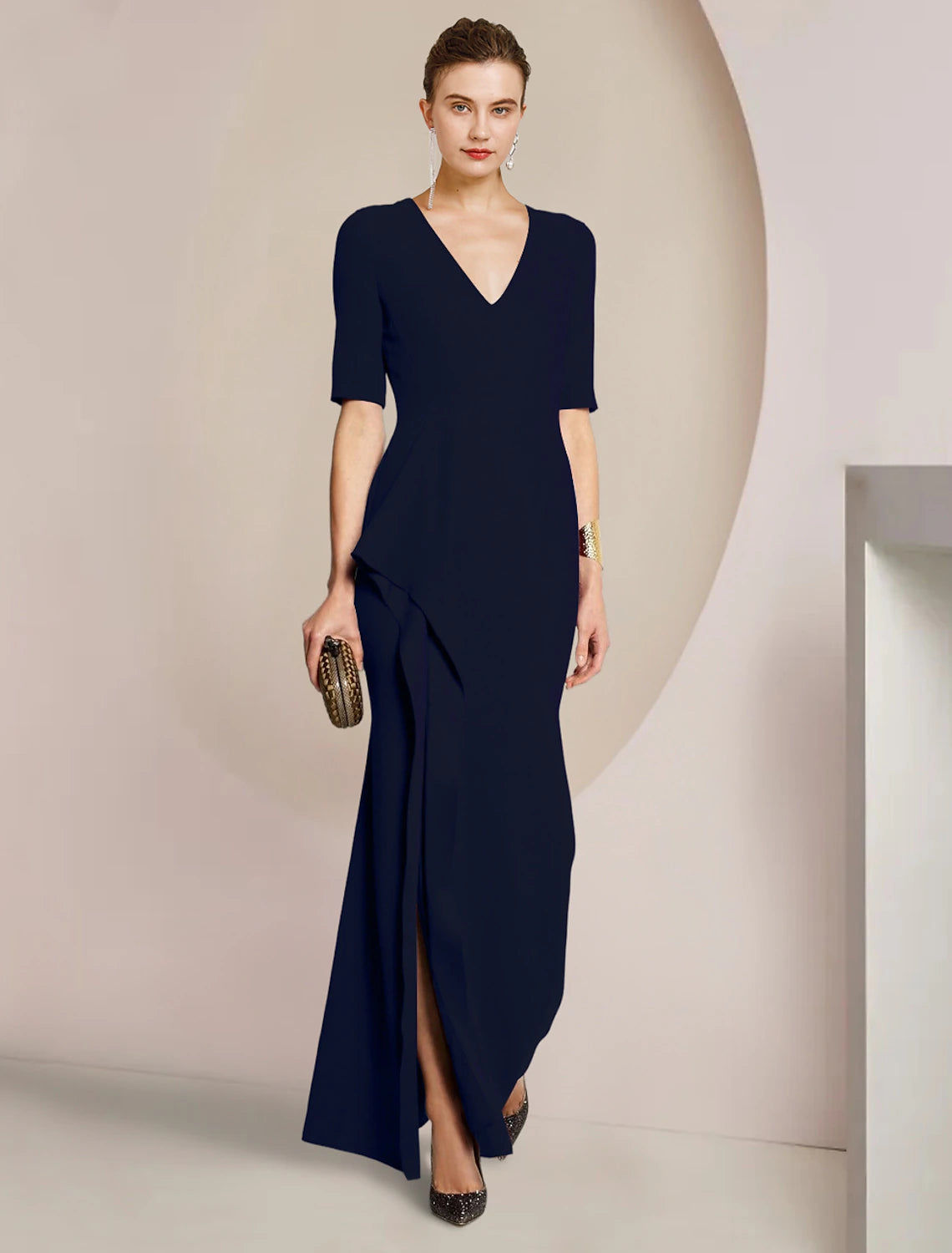 Elegant satin Sheath Mother of the Bride dress with V-neck and half sleeves.