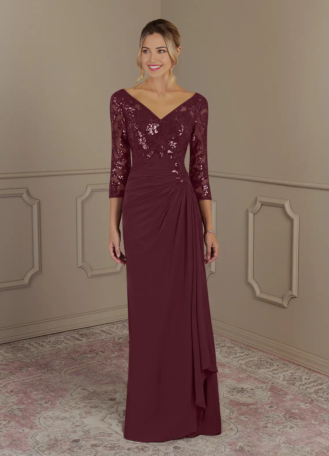 Model wearing a Cabernet Sheath V-Neck Lace Formal Gown.