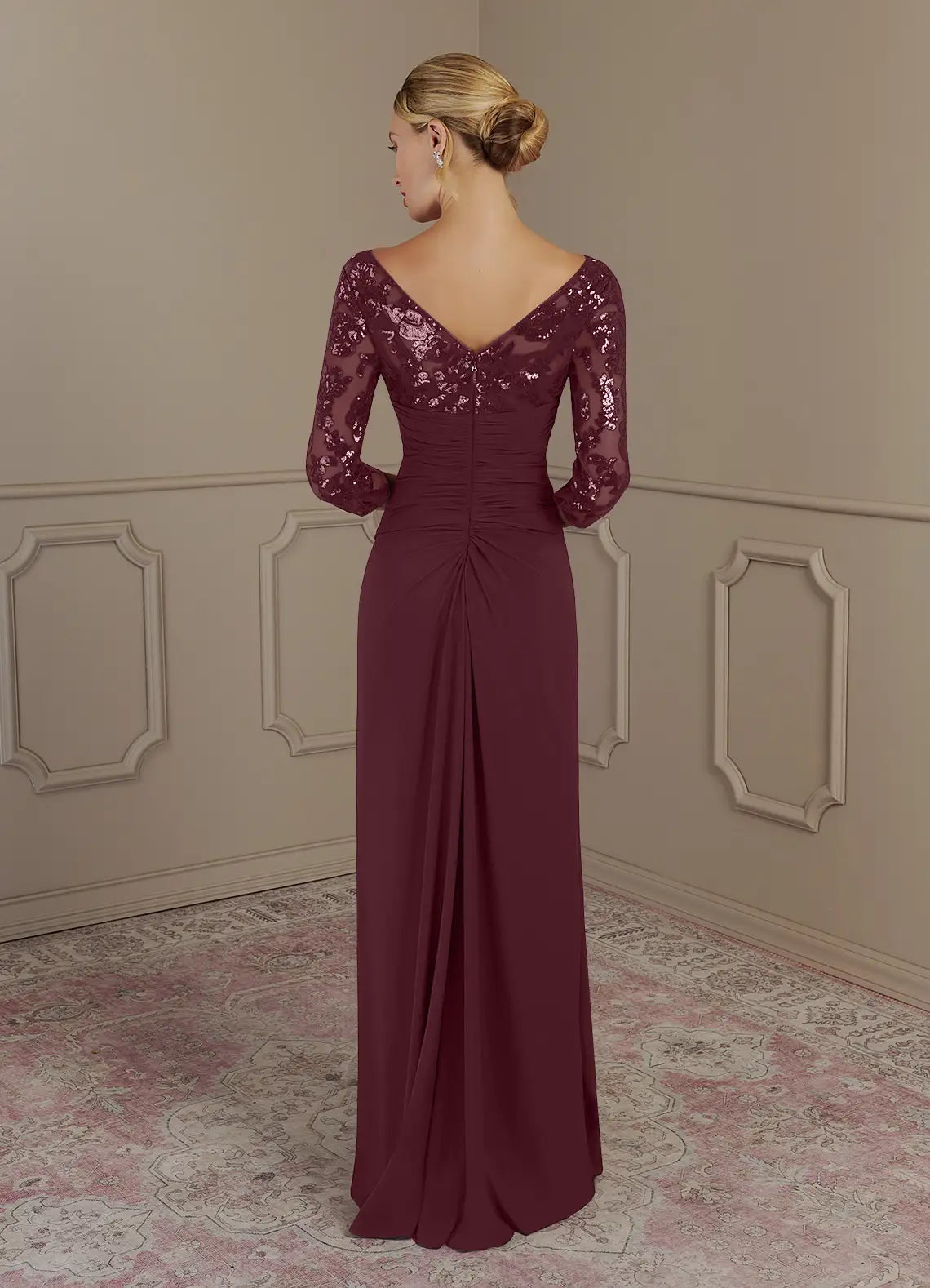 Side view of the Cabernet Sheath V-Neck Lace Mother of the Bride Dress.