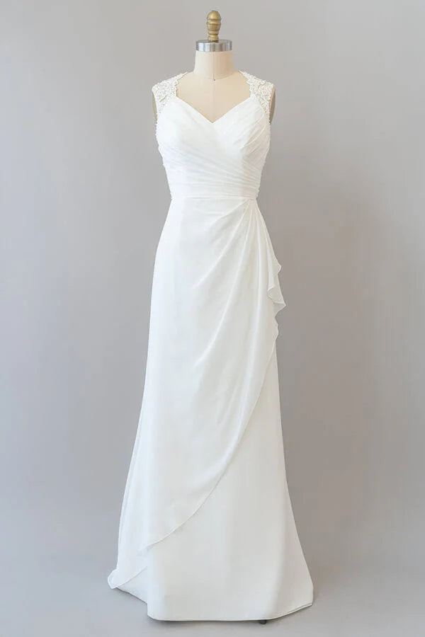 Elegant Sheath V-Neck Lace Chiffon Backless Long Wedding Dress.
