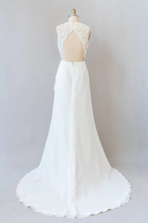 Back view of Sheath Lace Chiffon Backless Long Wedding Dress.