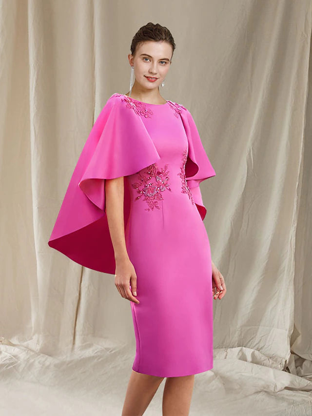 Elegant knee-length sheath Mother of the Bride dress with V-neck and lace appliques.