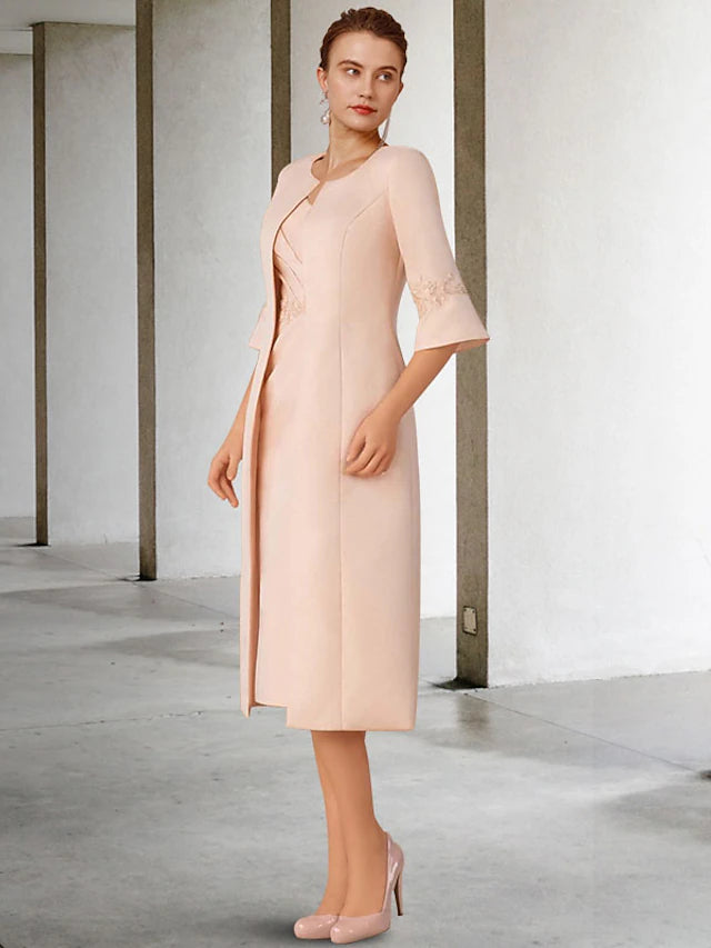 Elegant two-piece sheath Mother of the Bride dress with V-neck and lace jacket.