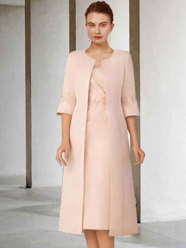 Side view of the knee-length Mother of the Bride dress showing side-draped detail.