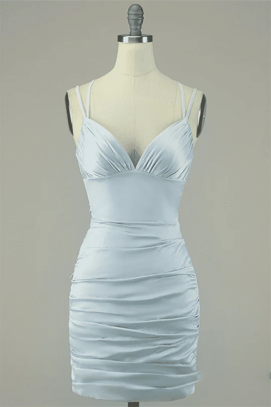 Elegant satin sheath homecoming dress with double straps.