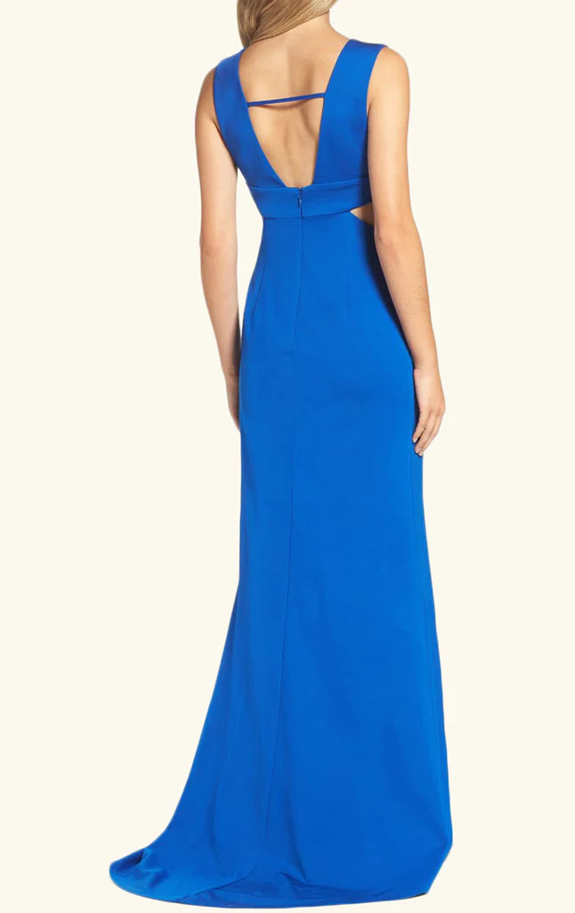 Back view of a long sheath formal gown with delicate straps.