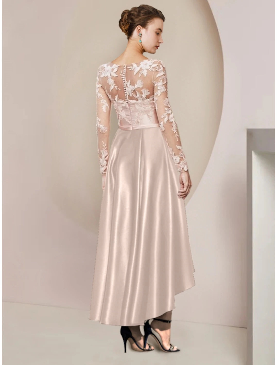 Elegant sheath V-neck long sleeve satin dress with asymmetrical ankle length and lace pleats.