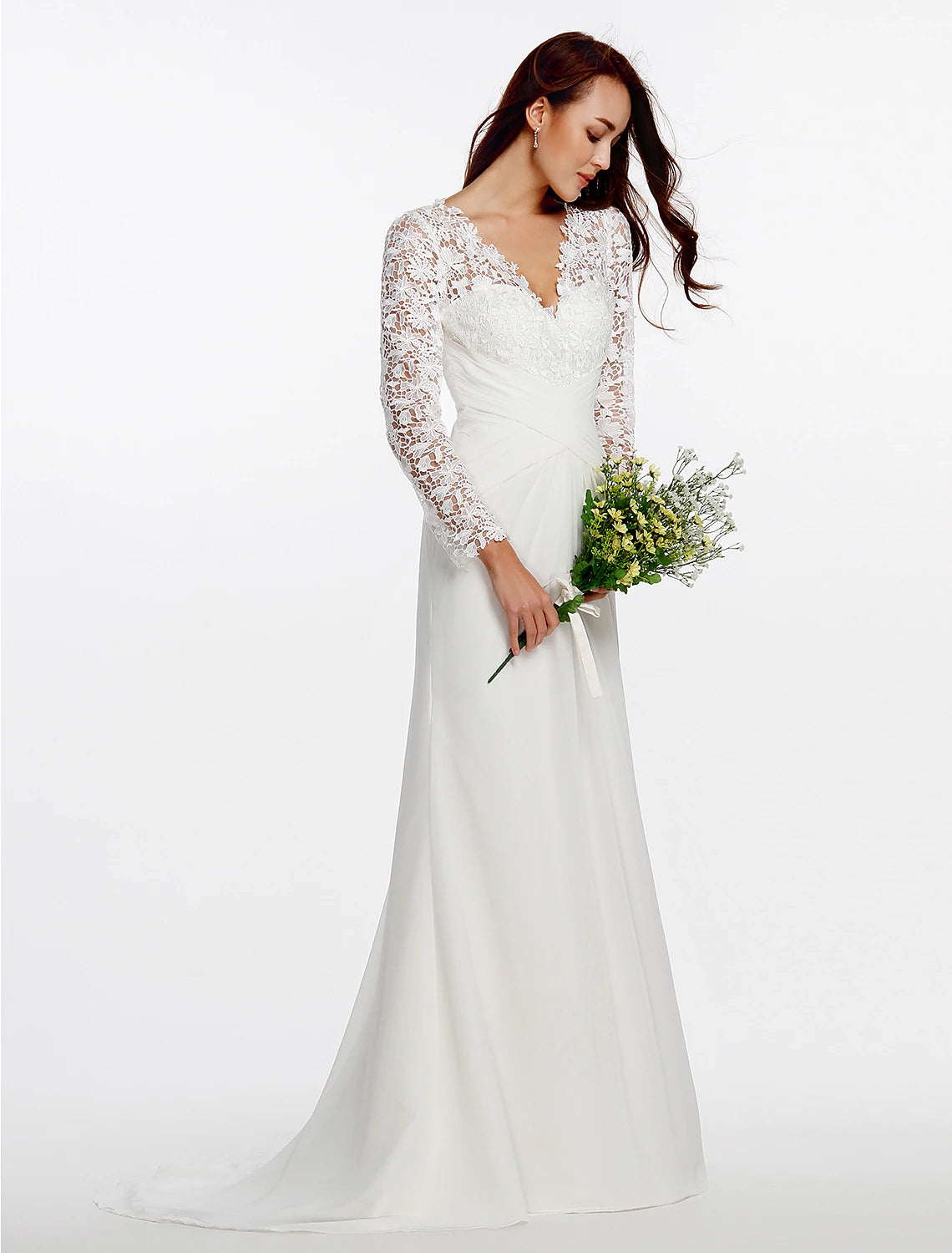 Close-up of V-neckline and long chiffon sleeves with delicate lace buttons.