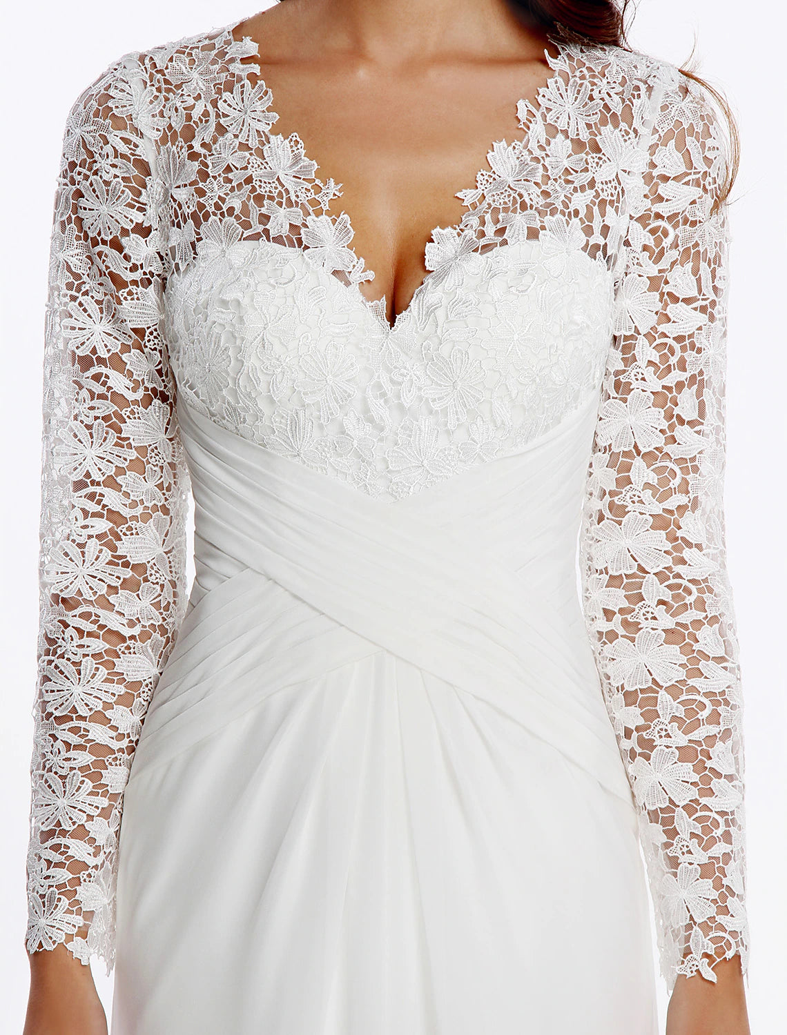 Model wearing a flowing chiffon wedding dress, showcasing its elegant movement.