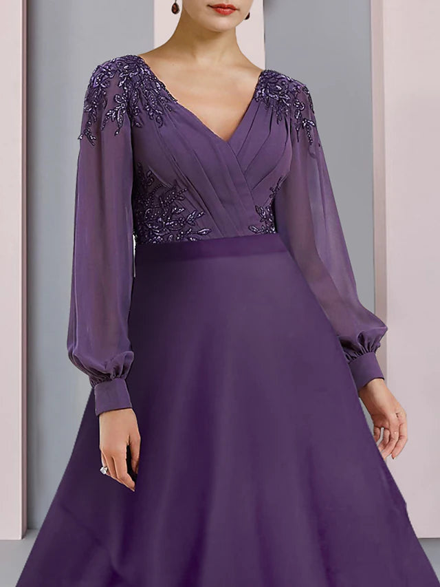 Side view of asymmetrical chiffon lace Mother of the Bride dress.