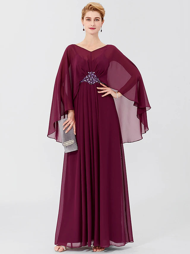Elegant V-neck long sleeve chiffon mother of the bride dress with pleats and beading.