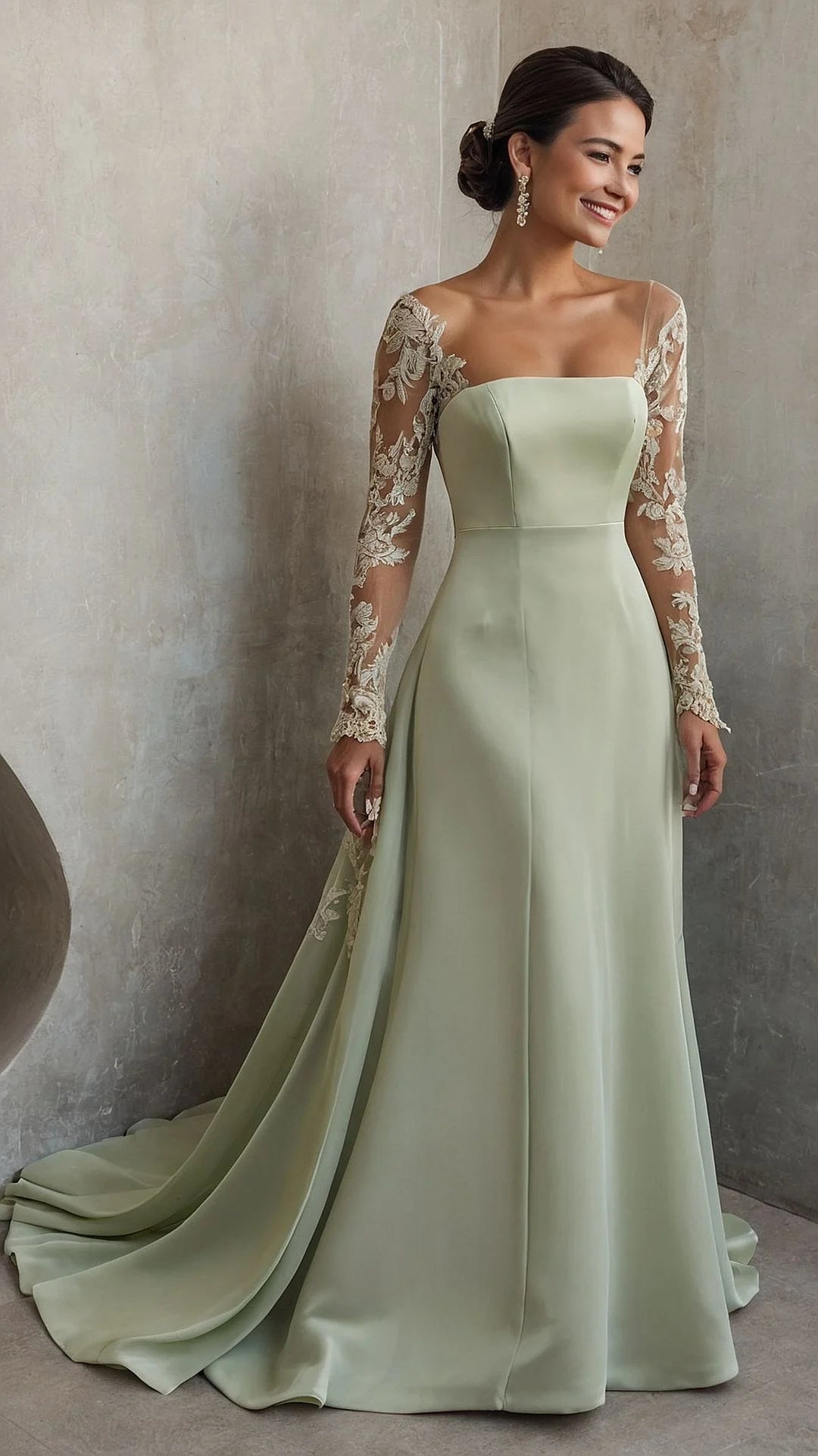 Elegant sheath prom dress with long sleeves and lace appliques.