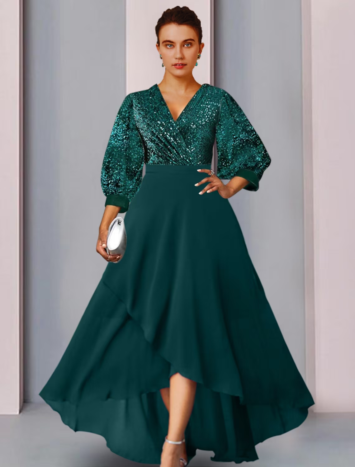 Elegant V-neck long sleeve sequin dress with pleats for formal occasions.
