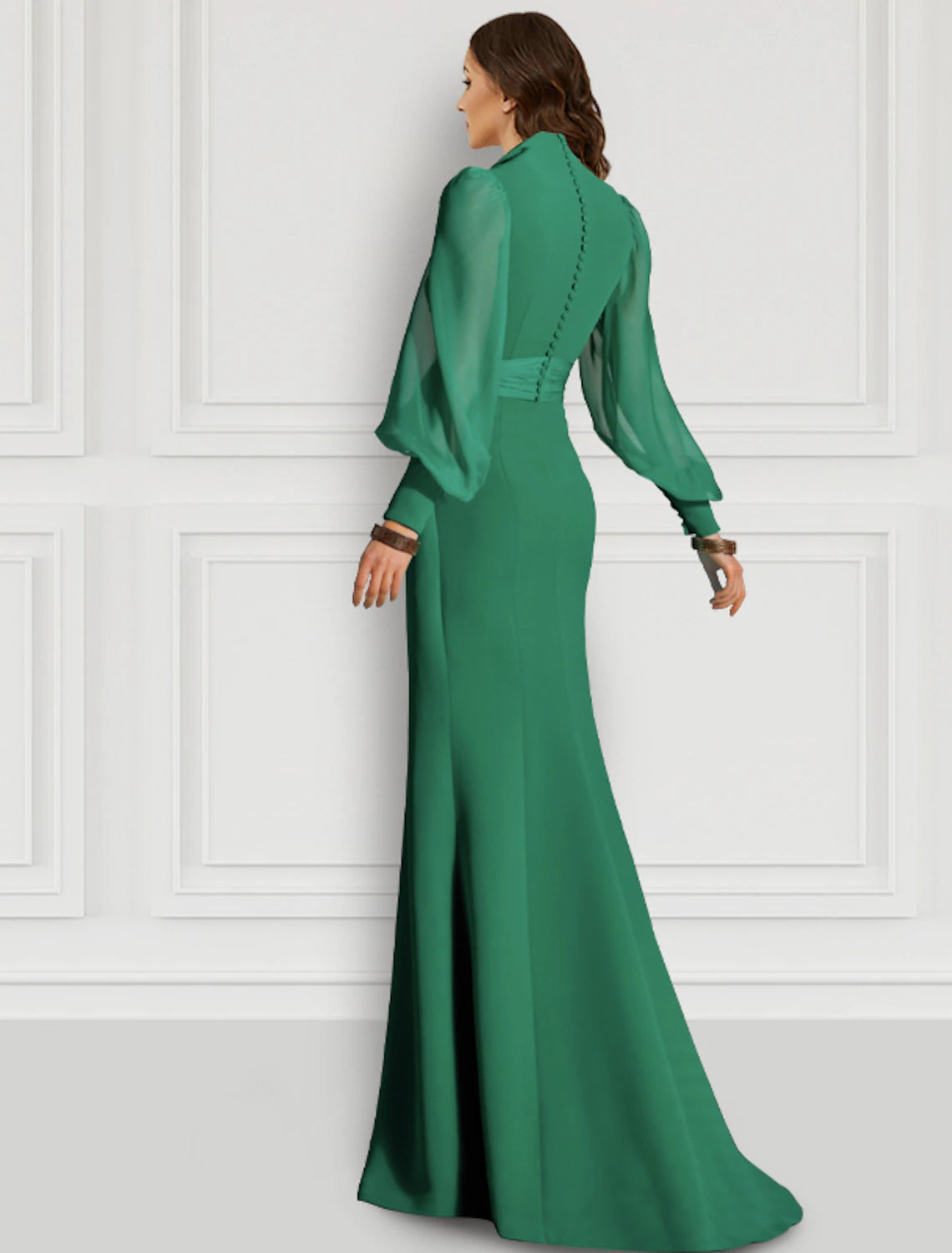 Formal sage chiffon dress featuring a slit and sweep train.
