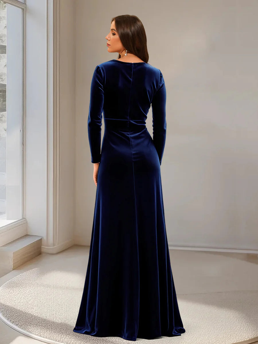 Back view of the velvet sheath evening dress, showcasing its elegant silhouette.