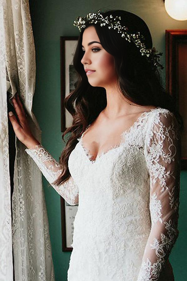 Side view of the sheath wedding gown, highlighting the long tulle sleeves.