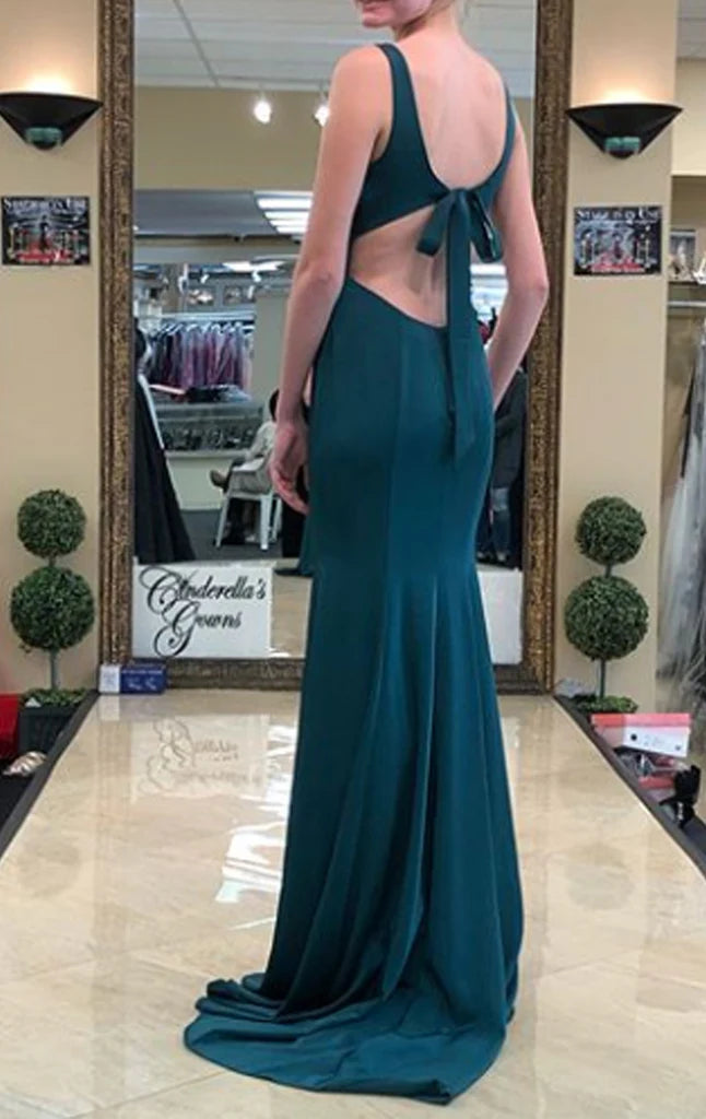 Back view of the V-neck sheath maxi formal evening gown.