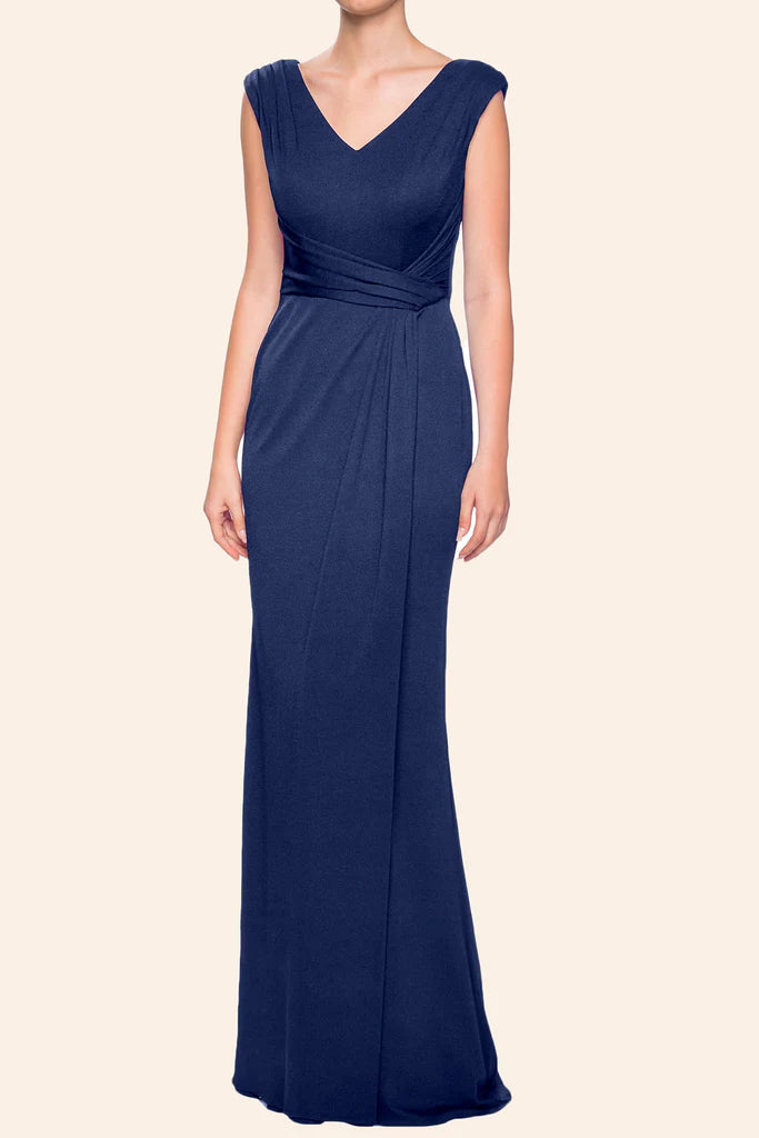 Woman modeling an elegant sheath V-neck mother of the bride dress.