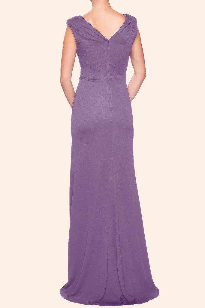 Side profile of the sleeveless sheath V-neck formal gown.