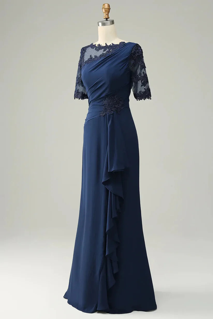 Elegant sheath mother of the bride dress with V-neck and appliques.