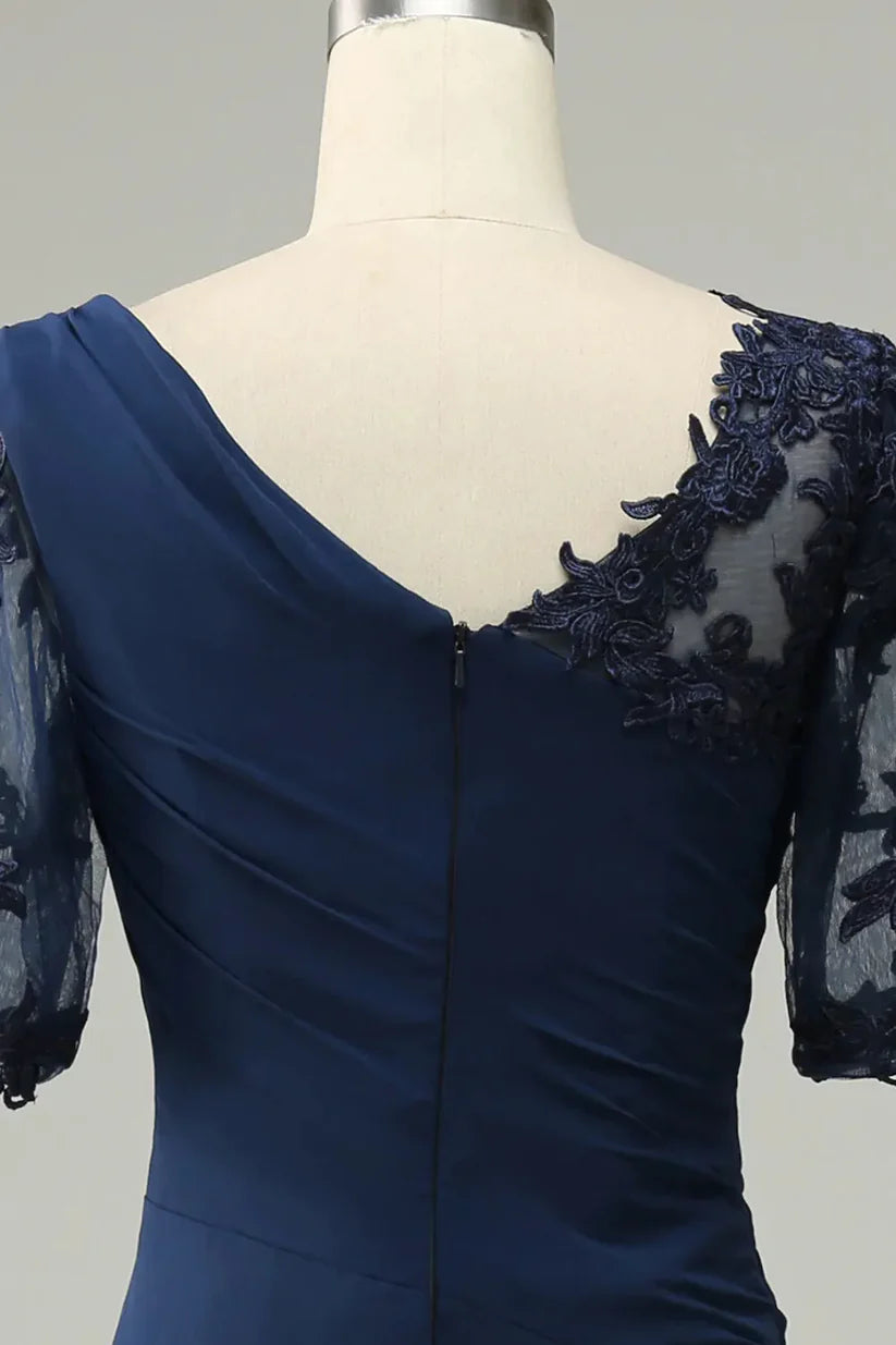 Back view of sheath mother of the bride gown with intricate appliques.
