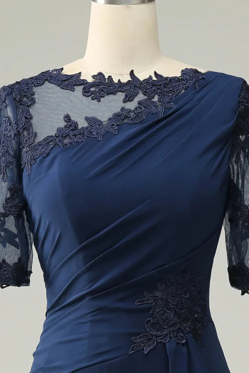 Side profile of a formal sheath dress featuring a V-neckline.
