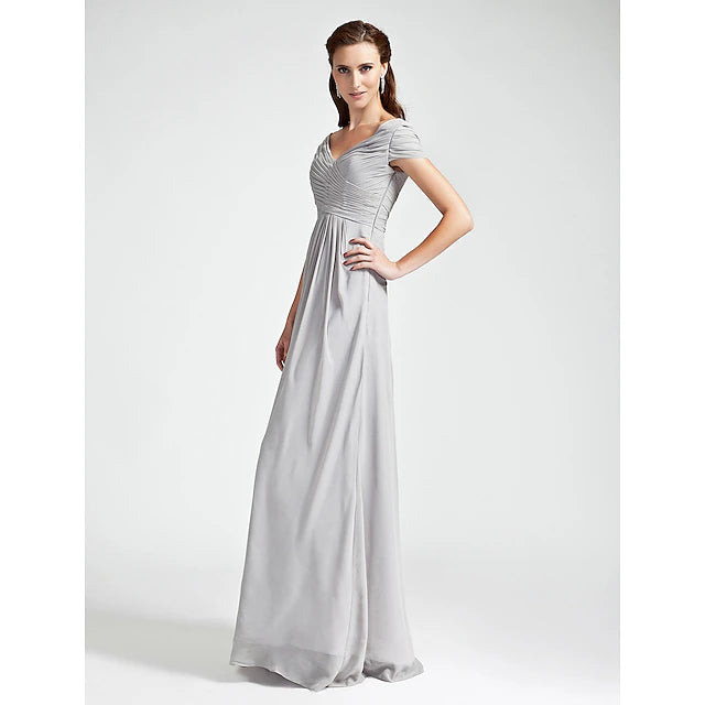 Elegant chiffon bridesmaid dress with V-neck and off-shoulder short sleeves.