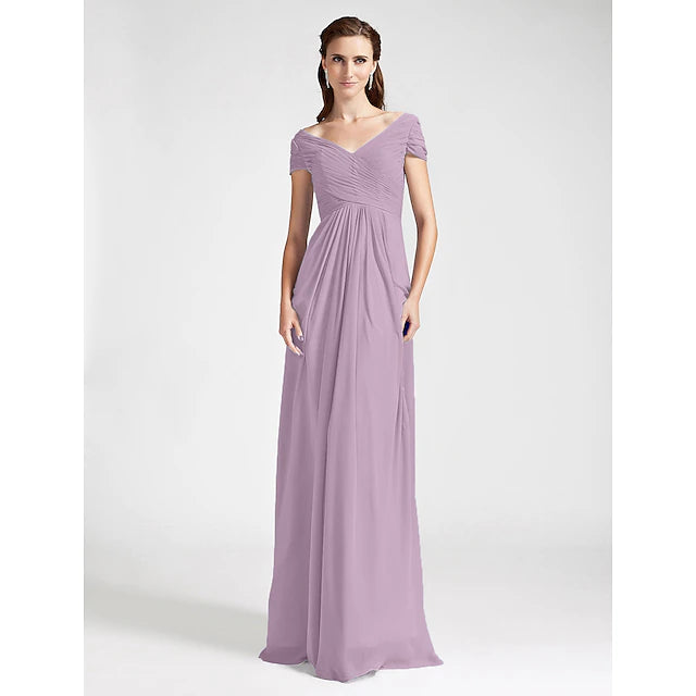 Side view of a sheath bridesmaid dress in chiffon fabric.