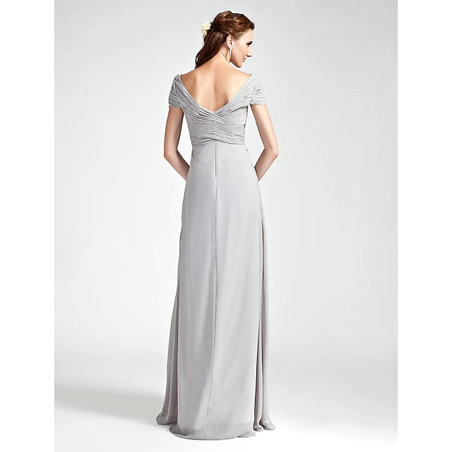 Full-length view of a bridesmaid dress, highlighting the flowing chiffon skirt.