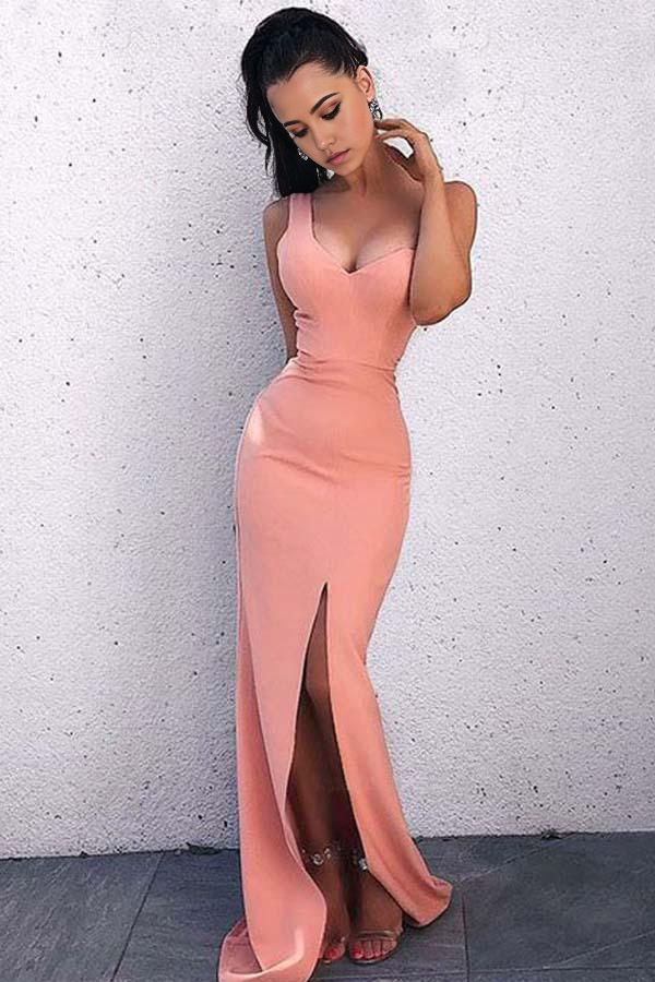Blush pink sheath prom dress with V-neck and elegant split.
