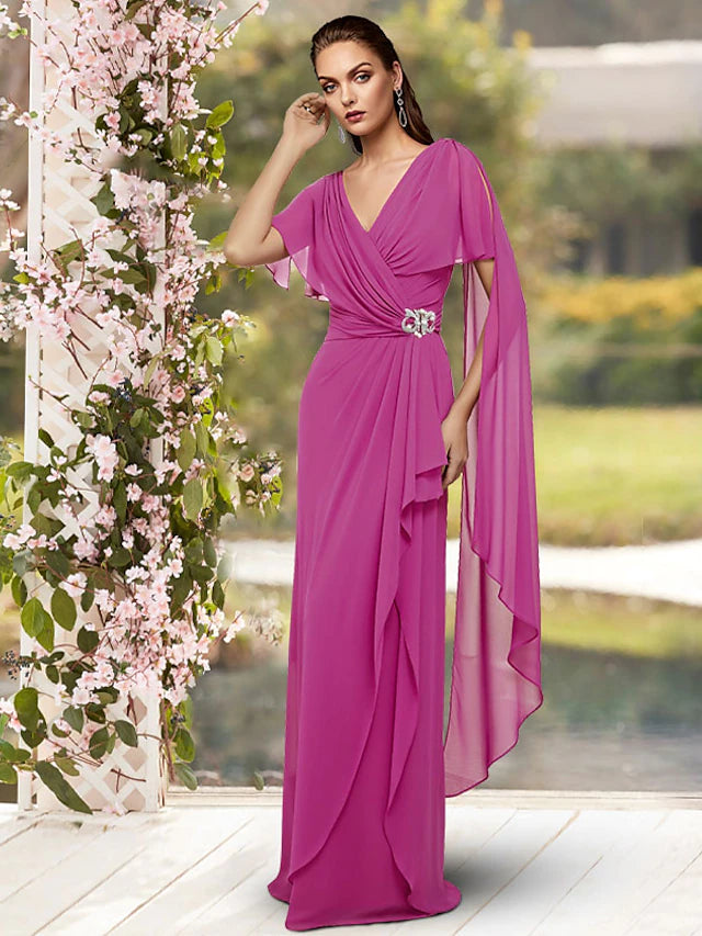 Elegant V-neck sheath chiffon Mother of the Bride dress with pleats and crystal brooch.