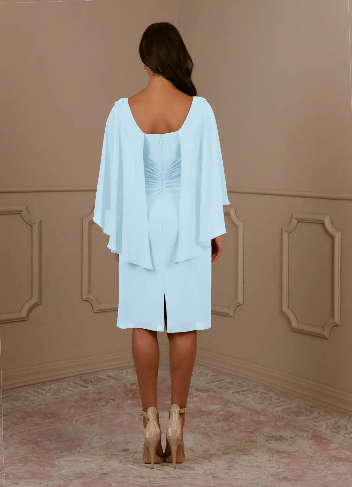 Back view of Sky Blue Sheath V-Neck Chiffon formal dress.