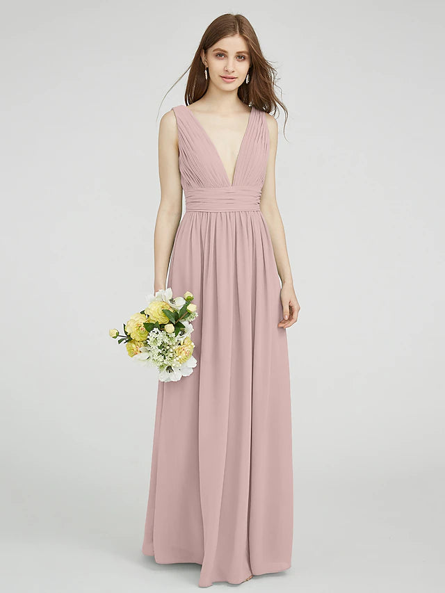 Back view of a floor-length sheath bridesmaid dress.