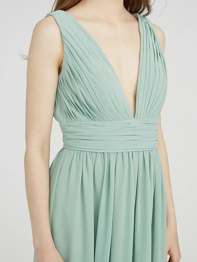Sheath silhouette bridesmaid dress from a slightly elevated angle.