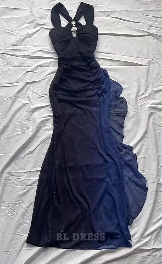 Elegant royal blue sheath dress with ruffled details and V-neckline.