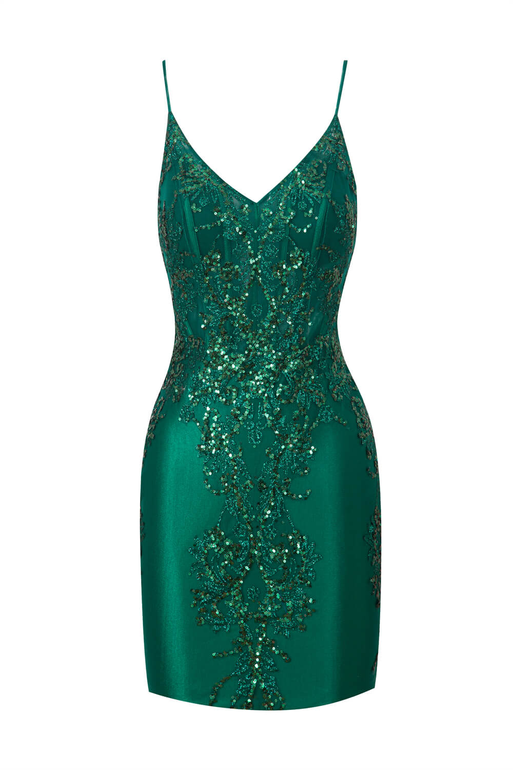 Elegant sheath V-neck satin homecoming dress with appliques and sequins.