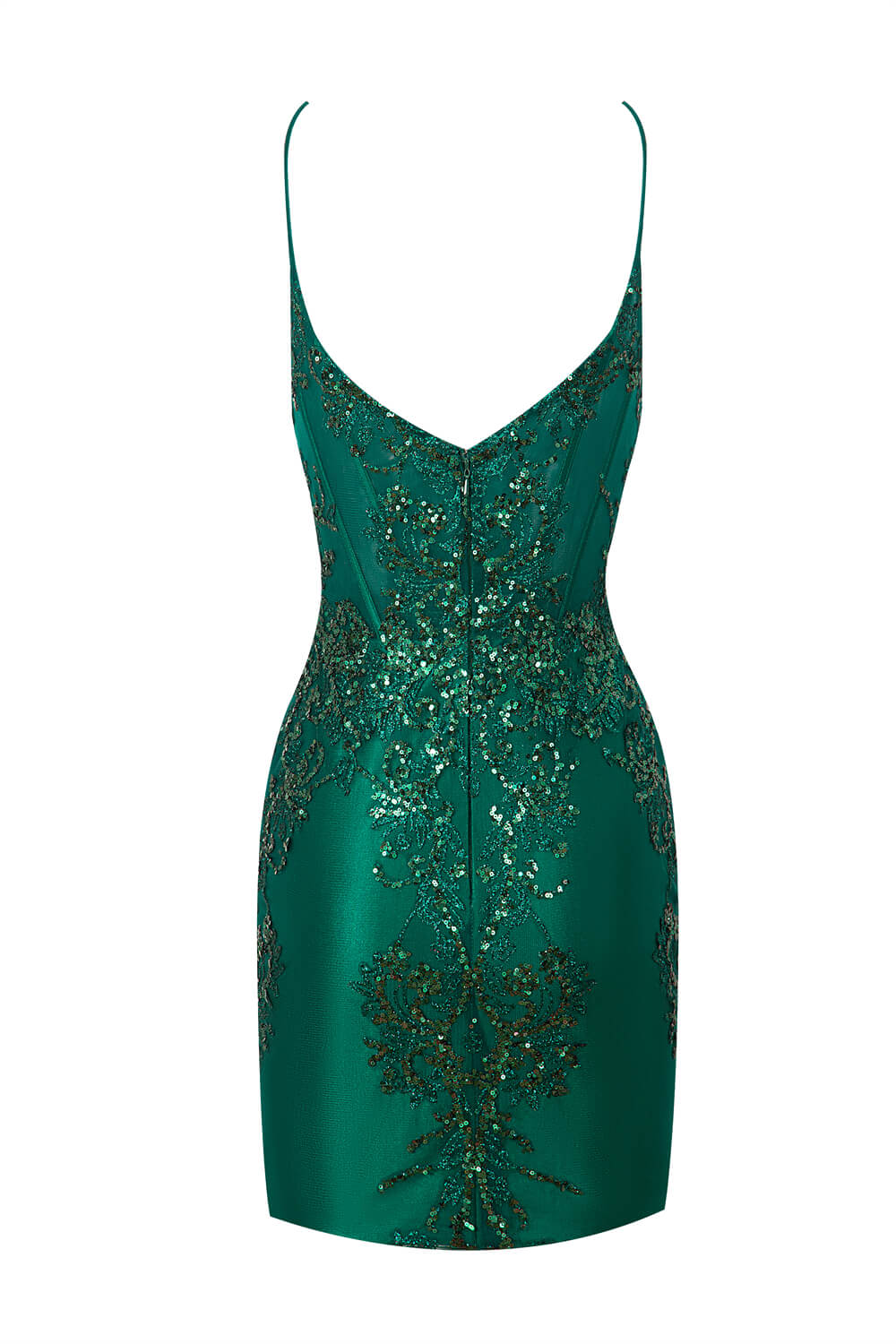 Back view of a short satin homecoming dress with V-neck and sequin details.