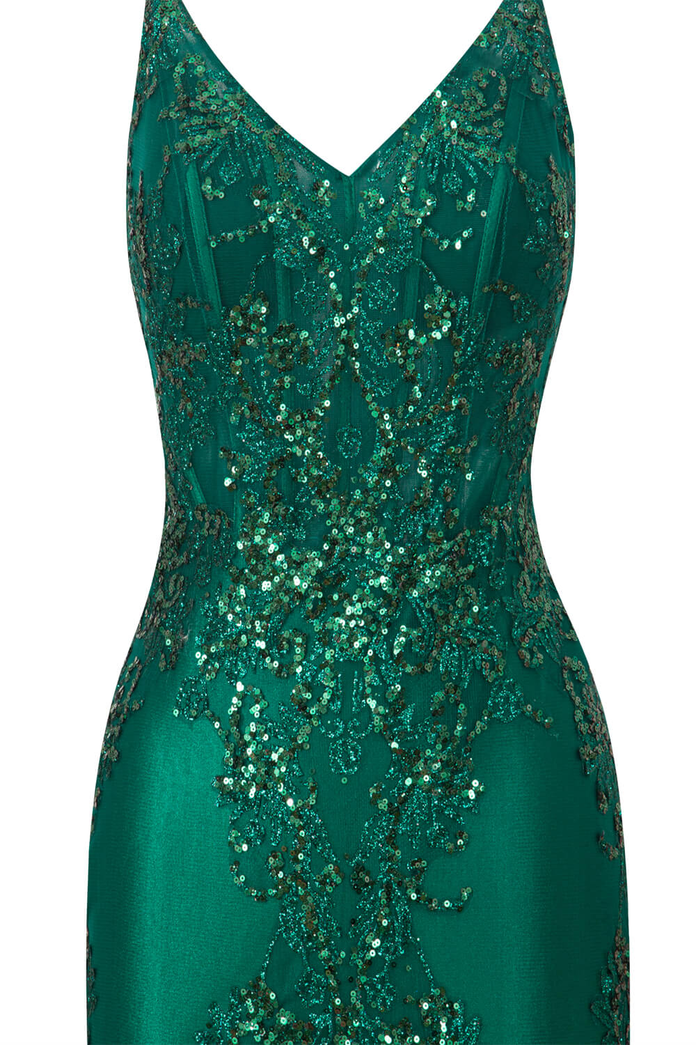 Close-up of the appliques and sequins on a V-neck satin homecoming dress.