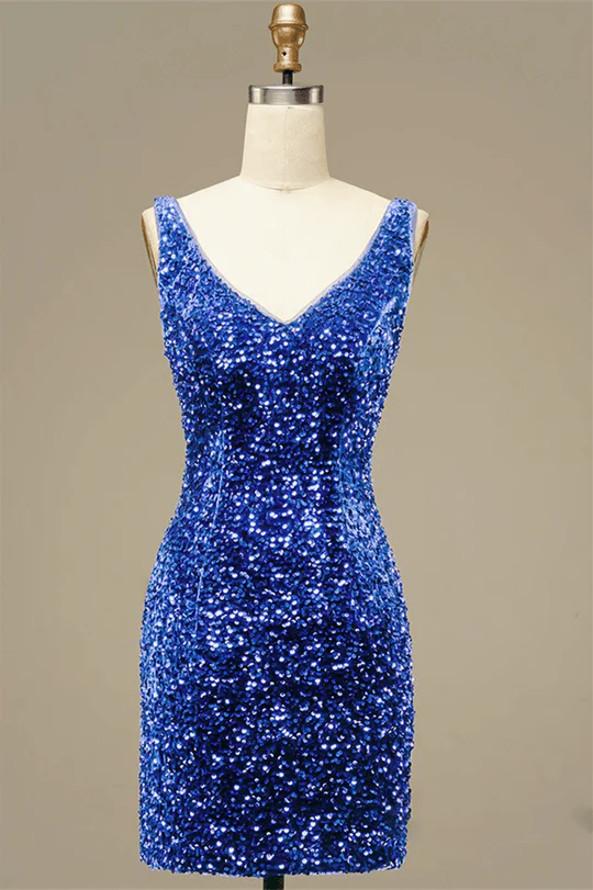 Model in elegant V-neck sequin sheath homecoming dress, front view.
