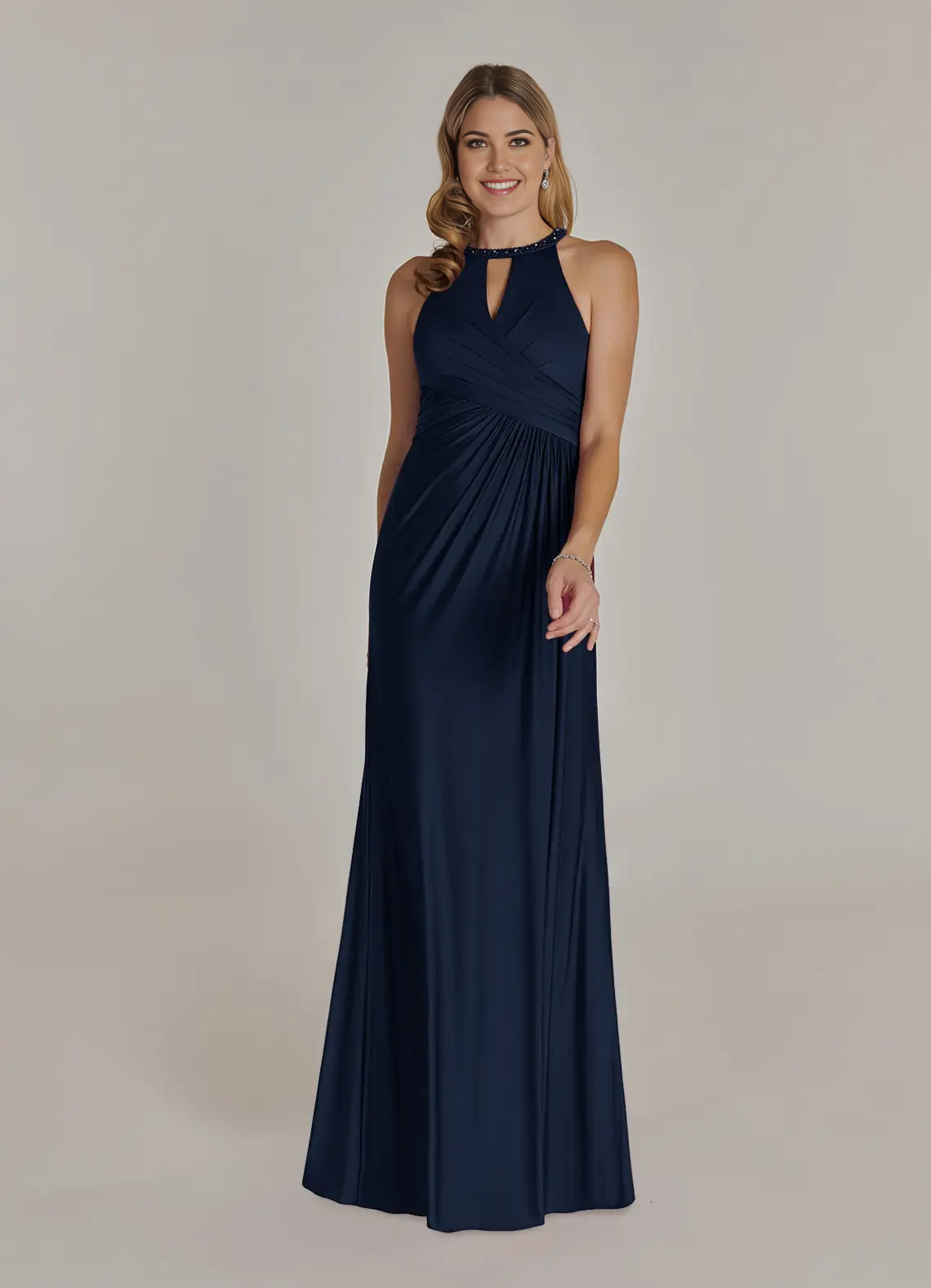 Dark Navy Sheath Mother of the Bride dress with sequins and chiffon.