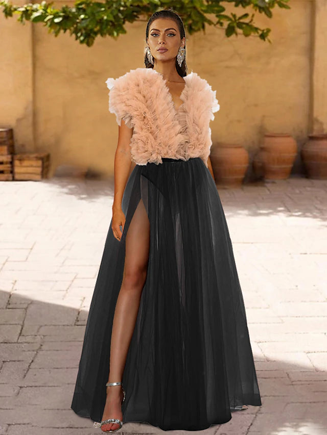 Elegant navy sheath prom dress with V-neck, short sleeves, and detachable tulle overlay.