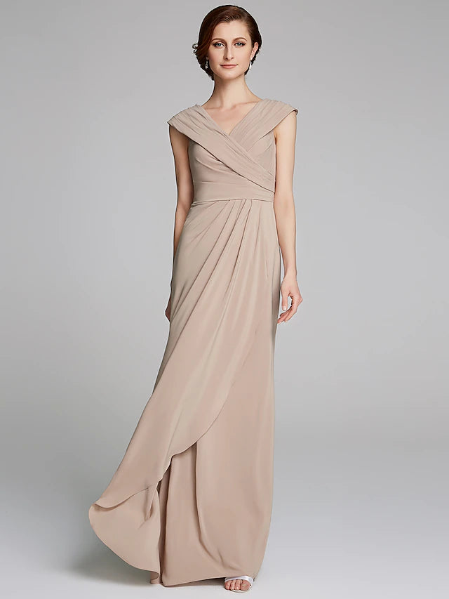 Elegant V-neck sheath Mother of the Bride dress with short sleeves and pleats.