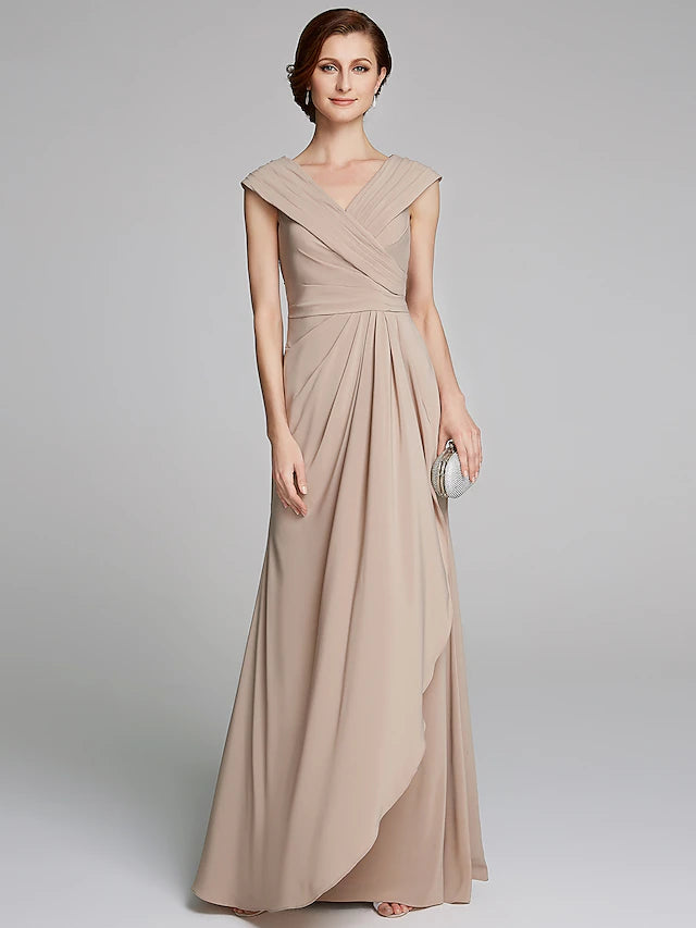 Back view of the floor-length pleated Mother of the Bride dress.